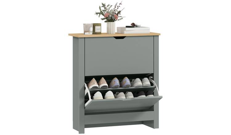 HOMCOM Space Saving Shoe Storage Cabinet with 2 Flip Drawers - Light Grey