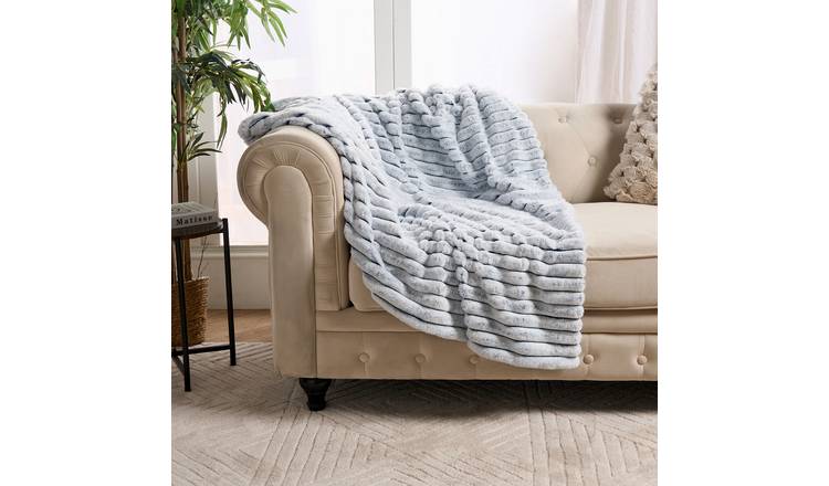 OHS Two Tone Faux Fur Thick Rib Blanket Throw 125 x 150cm - Navy/White