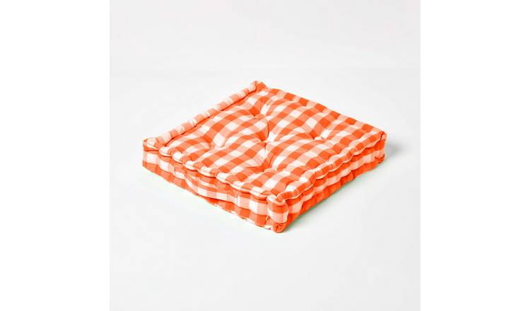 Homescapes Block Check Cotton Gingham Floor Cushion - 40 x 40 cm - Orange