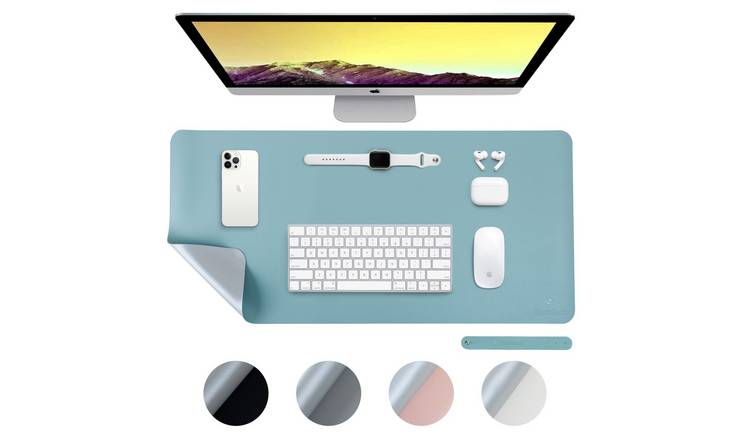 Desiretech Reversible Faux Leather Desk Mat - 43 x 89cm - Light Blue & Silver