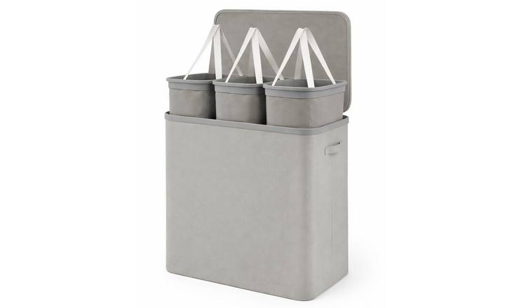 Keplin 170L Collapsible Fabric Lidded Triple Laundry Basket - Grey