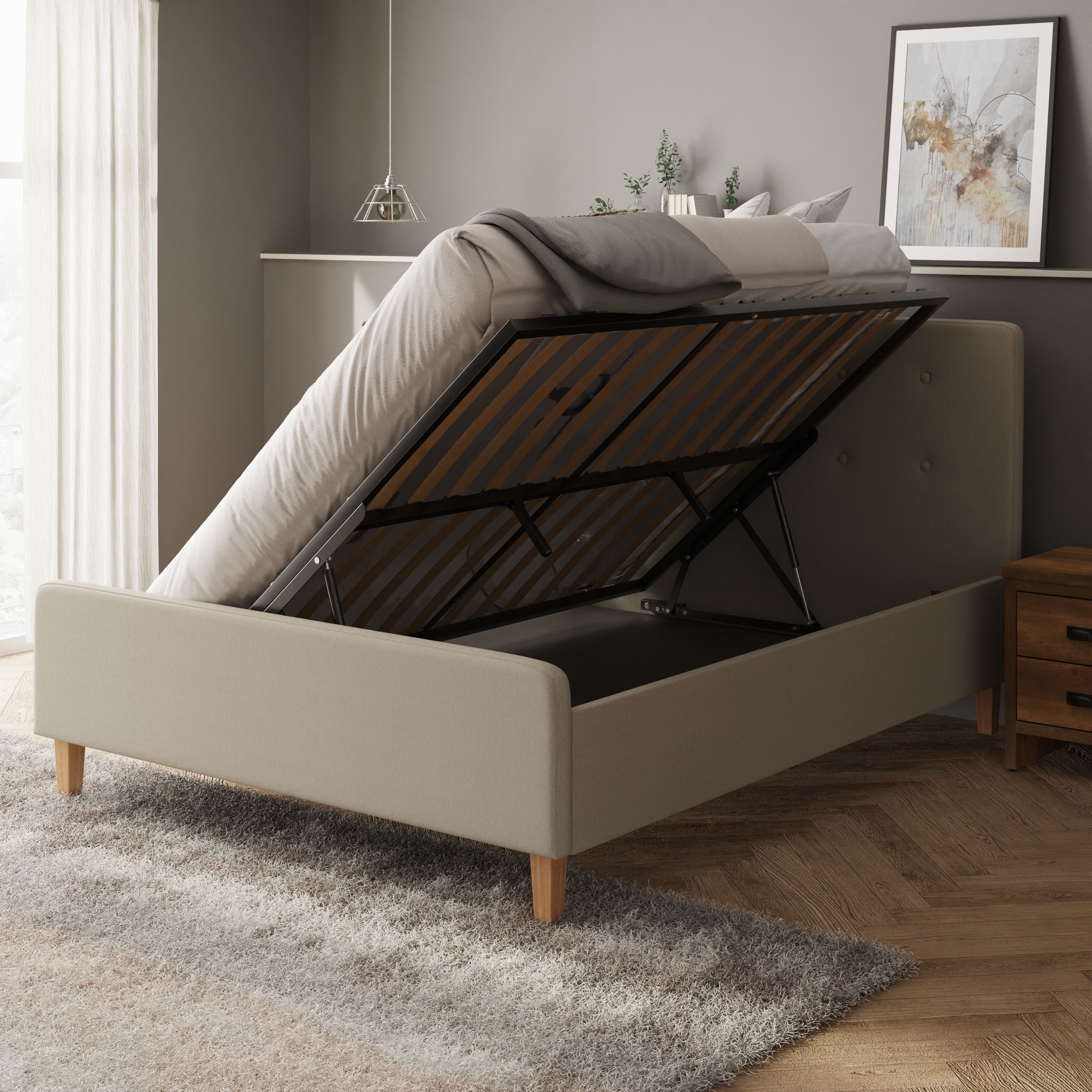 GFW Ashbourne King Size Fabric Side Lift Ottoman Bed - Natural - Image 2