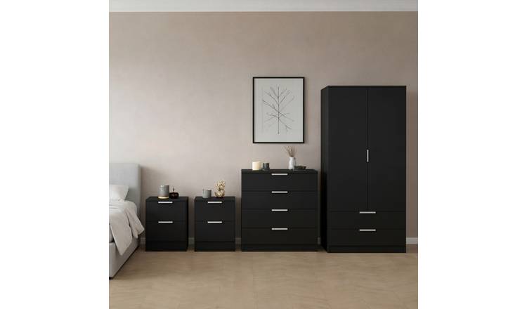 Vida Designs Trega Bedroom Set (Bedsides, 4 Drawer Chest, 2x2 Wardrobe) - Black