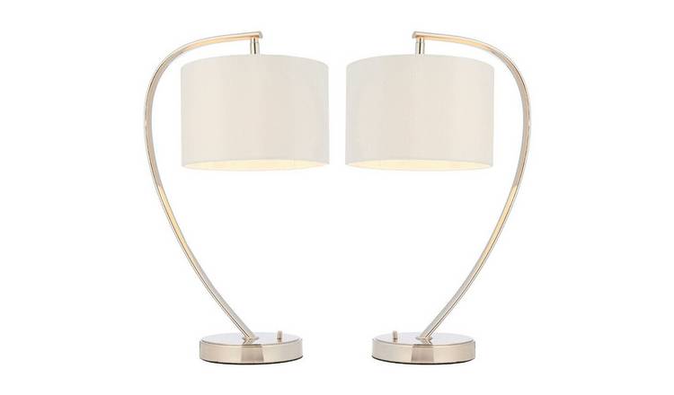 Loops Direct Pack of 2 Steel and Fabric Table Lamp - Nickel and White