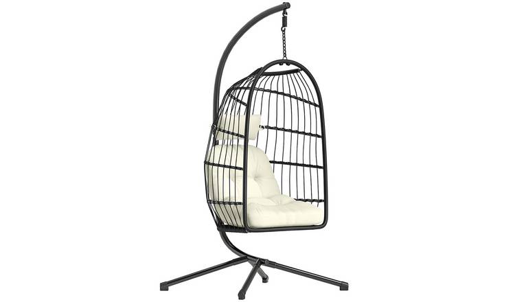 Outsunny Rattan Foldable Garden Egg Swing Chair - Black and Cream White