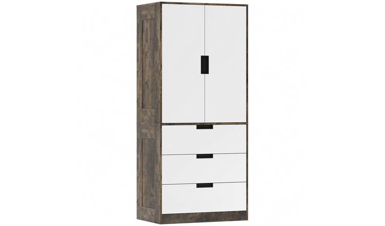 HOMCOM 2 Door Wardrobe with 3 Drawers and Hanging Rail - Rustic Brown