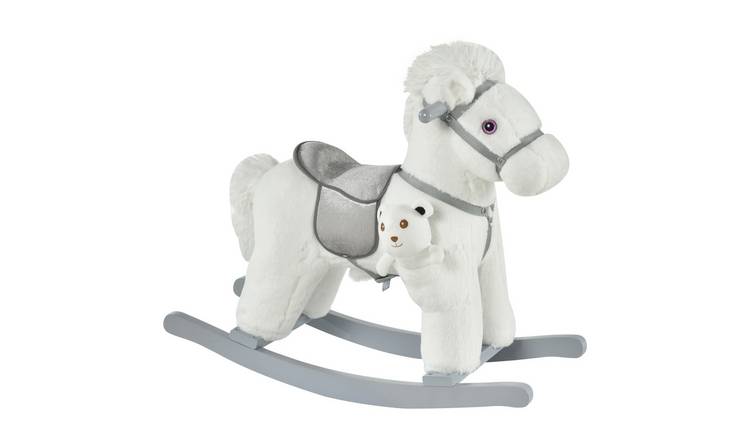 HOMCOM Plush Realistic Sounds Toddler Rocking Horse - White