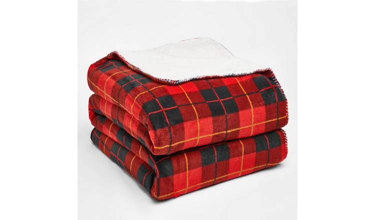 OHS Tartan Check Sherpa Blanket Throw 130 x 160cm - Red