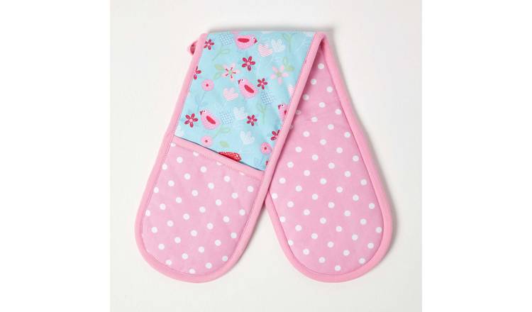 Homescapes Birds and Flowers Cotton Double Oven Glove - Pink