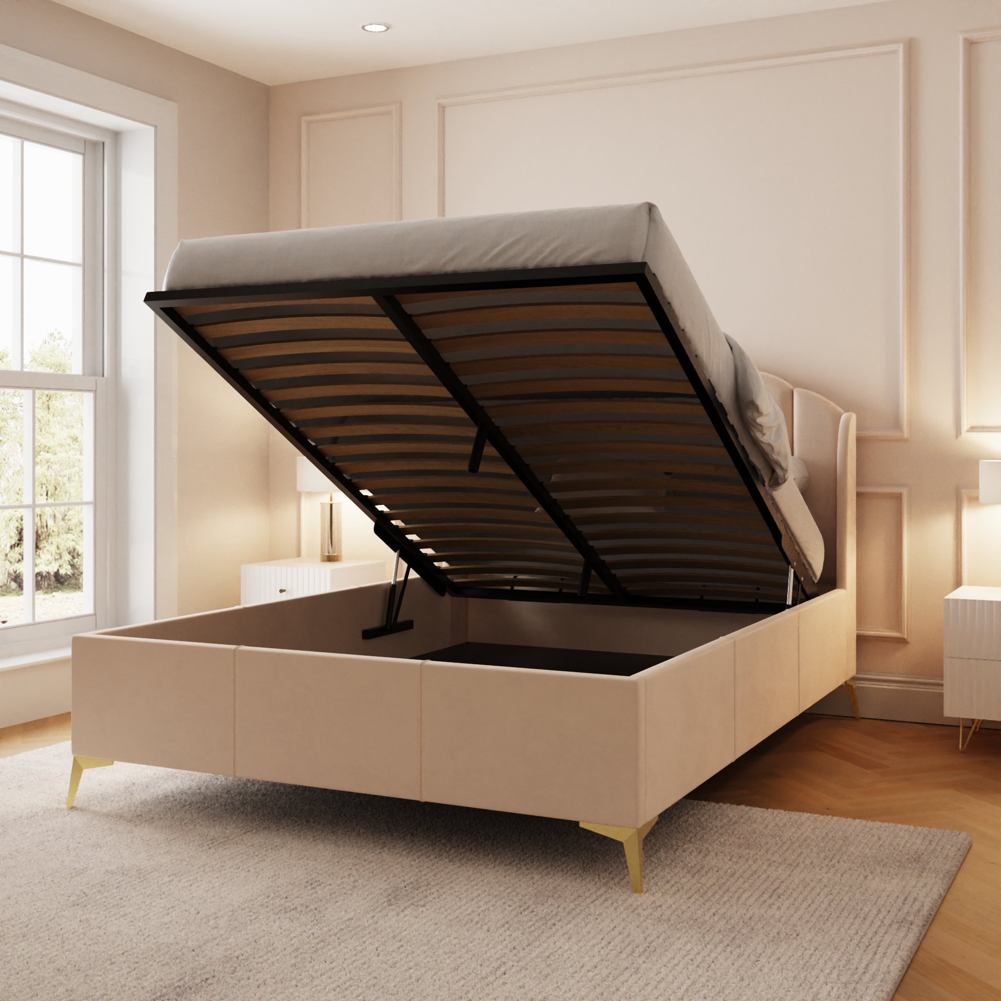 GFW Pettine Double Velvet End Lift Ottoman Bed - Natural - Image 2