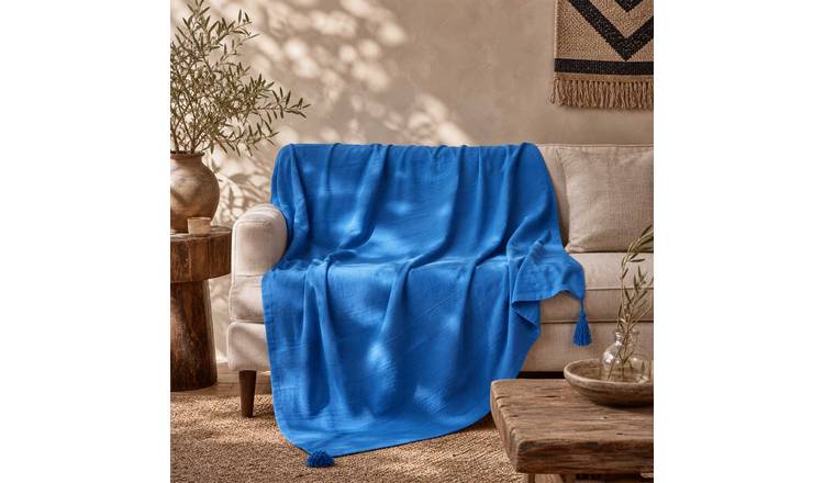 Homescapes Cotton Rajput Ribbed Throw - 150 x 200 cm - Blue