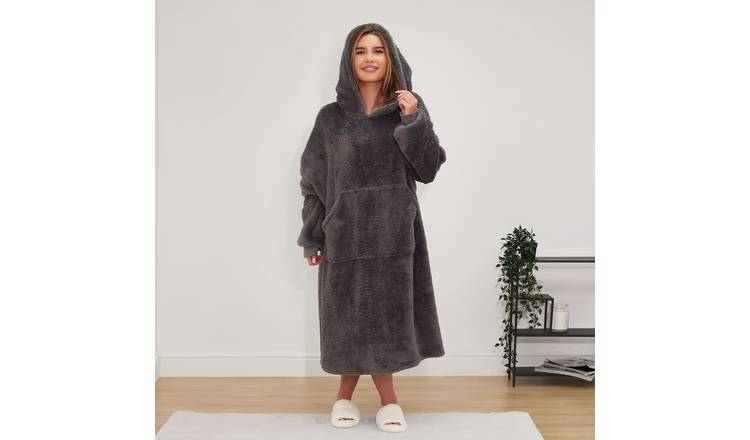 OHS Extra Long Teddy Hoodie Blanket - One Size - Charcoal