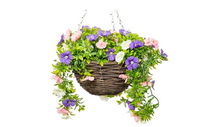 Primrose Artificial Petunia Flowers Rattan Hanging Basket 25cm