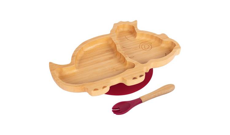 Tiny Dining Bamboo Dinosaur Baby Weaning Plate & Fork Set - Red