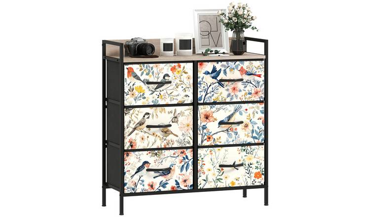 HOMCOM Fabric 6 Drawers Chest with Open Shelf and Steel Frame - White