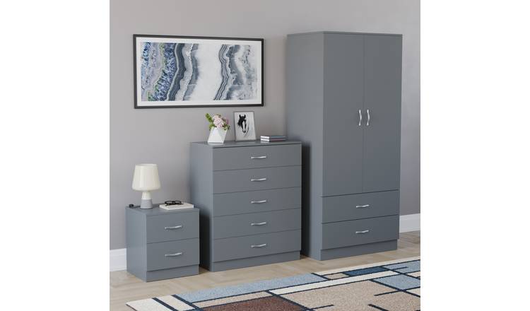 Vida Designs Riano Bedroom Set (Bedside, 5 Drawer Chest, 2x2 Wardrobe) - Grey