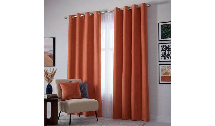 Luxury Living Velvet Chenille Eyelet Curtains 142cm x 229cm - Orange