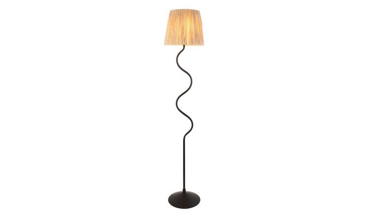 Loops Direct 32cm Diameter Raffia Floor Lamp - Matt Black and Natural Raffia