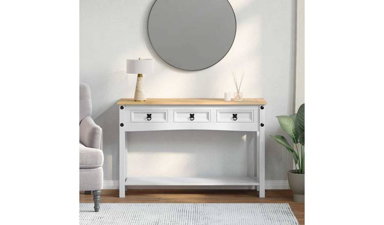 Walplus 3 Drawer Solid Pine End Table - White - 114 x 34.5 x 73 cm