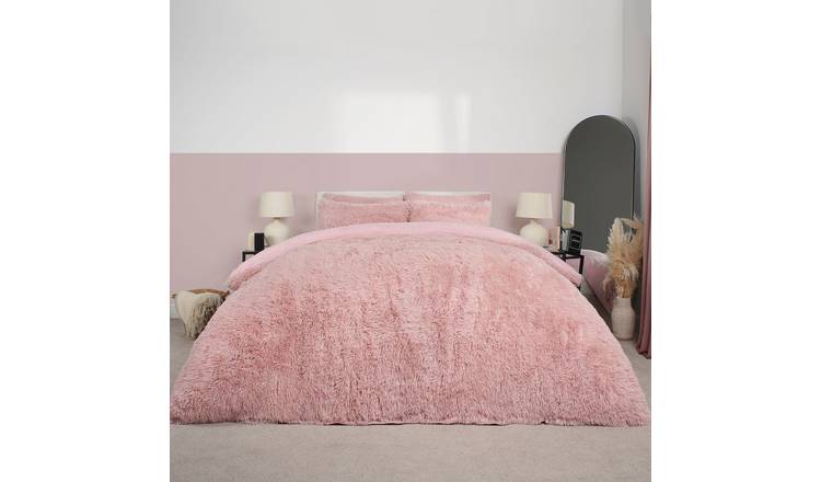 OHS Teddy Duvet Cover Set Bedding Soft Fleece Faux Fur Shaggy Blush - Double