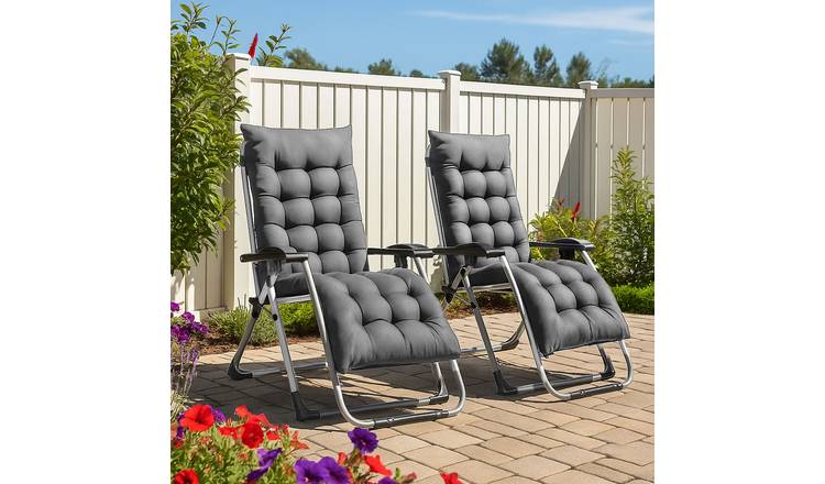 Neo Set of 2 Zero Gravity Reclining Sun Lounger Chairs with Cushions - Dark Grey