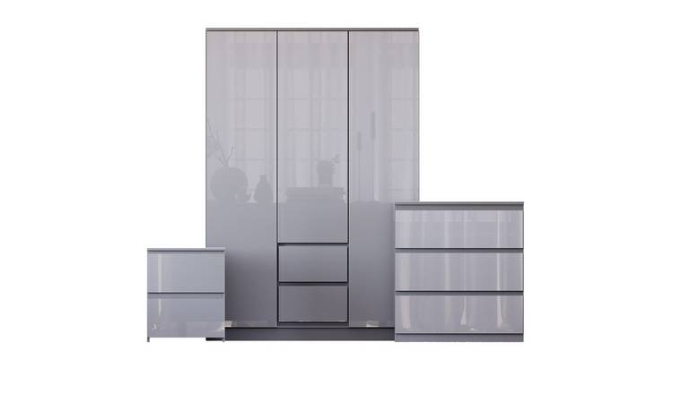 Vida Designs Glinton Bedroom Set (Bedside, 3 Drawer Chest, 3x2 Wardrobe) - Grey