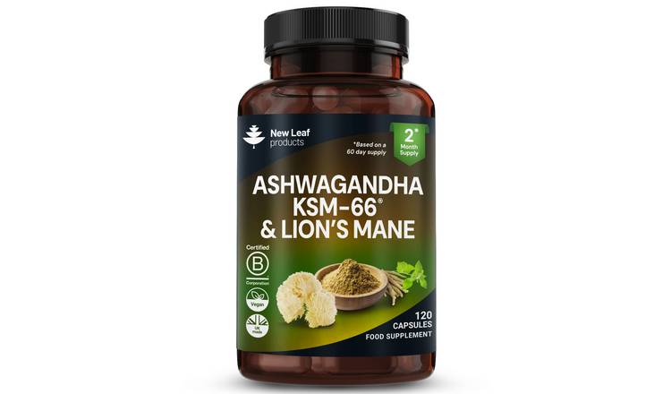 New Leaf Ashwagandha KSM-66 Lions Mane with Black Pepper - 120 Capsule