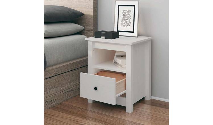 Walplus 1 Drawer Solid Pine Wood Bedside Cabinet - White - 40 x 35 x 49 cm