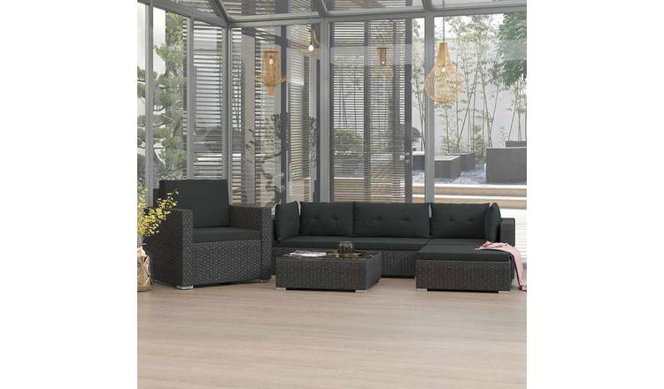 Walplus 6 Piece Poly Rattan Garden Lounge Set - Black - 74 x 74 x 26 cm