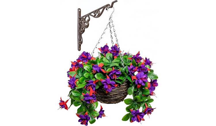 Primrose Artificial Fuchsia Flowers Rattan Hanging Basket Purple 25cm
