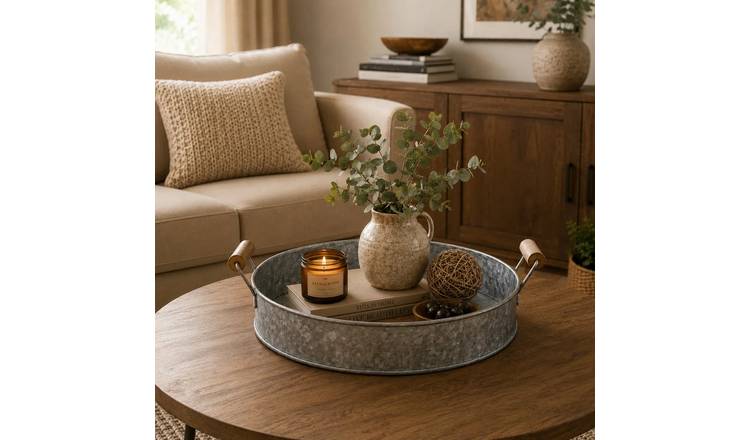 Orsina Drummond Round Galvanised Steel Tray With Wood Handles