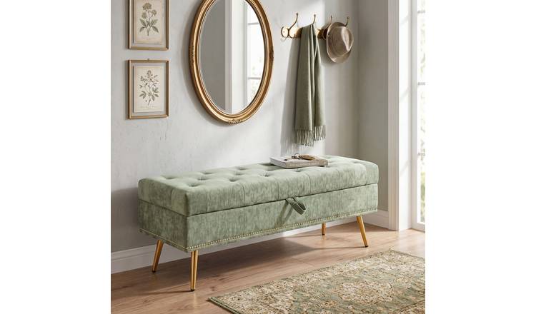 HOMCOM Chenille Upholstered Ottoman Storage Box - Light Green