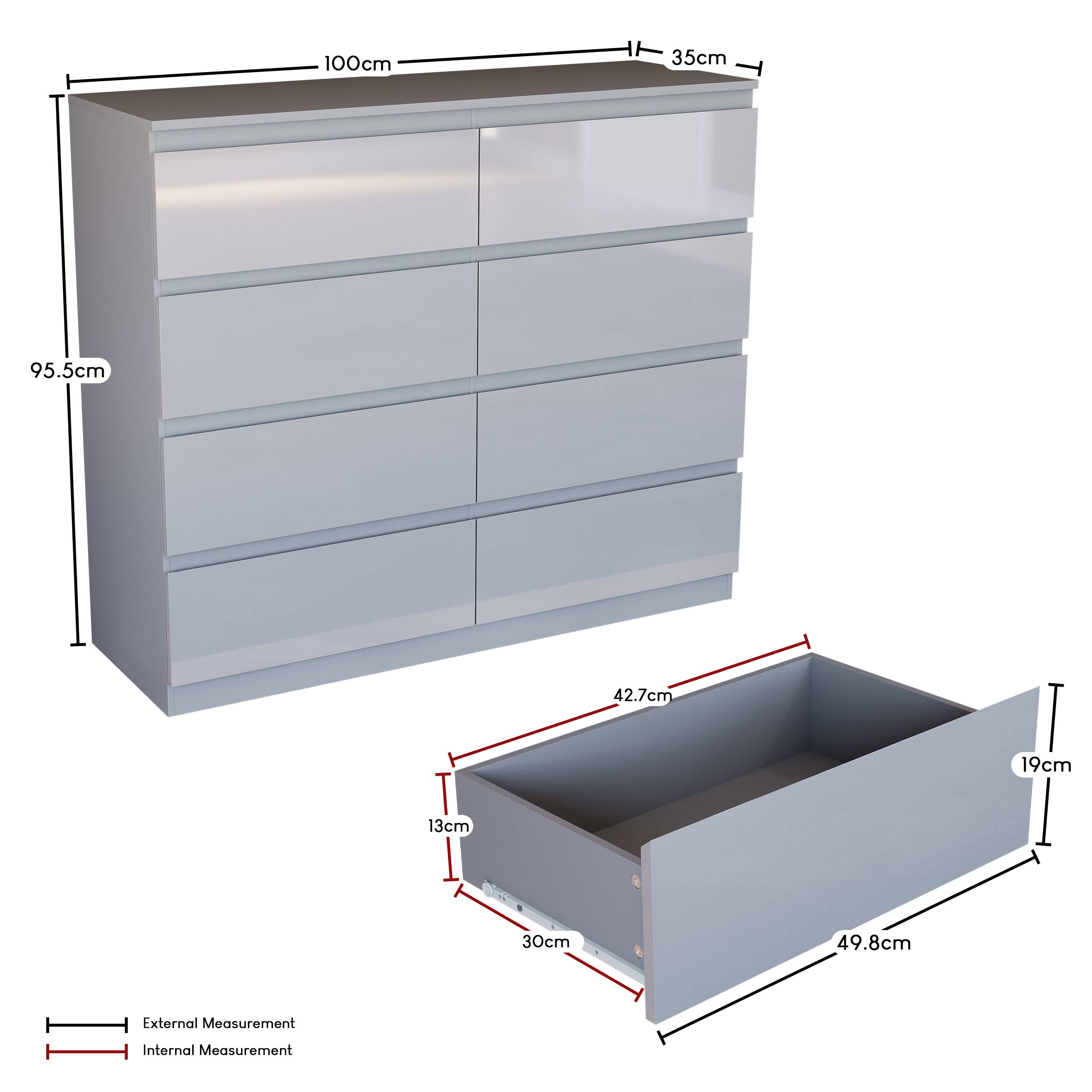 Vida Designs Glinton High Gloss 8 Drawer Chest - Grey - Image 6