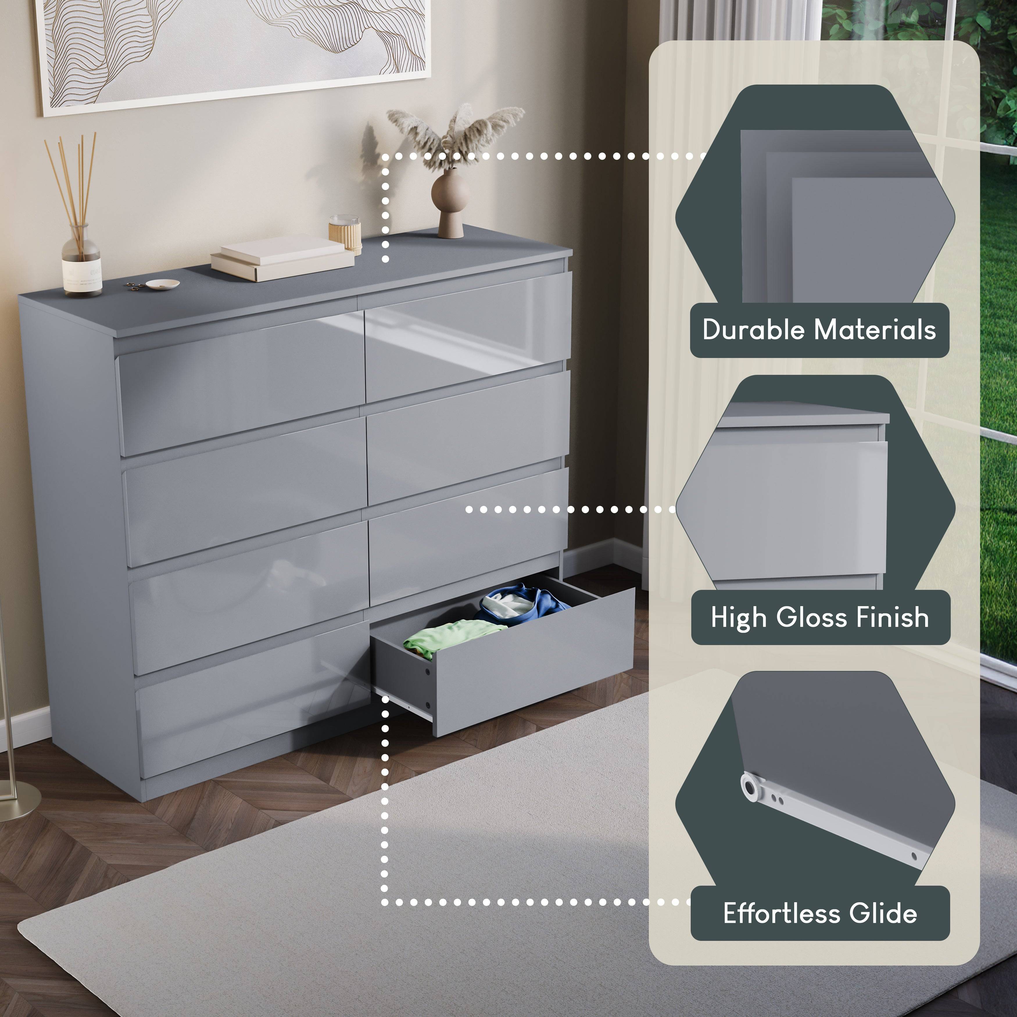 Vida Designs Glinton High Gloss 8 Drawer Chest - Grey - Image 5