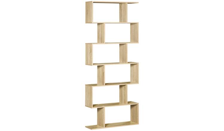 HOMCOM 6 Tier S Shaped Storage Bookcase - Oak
