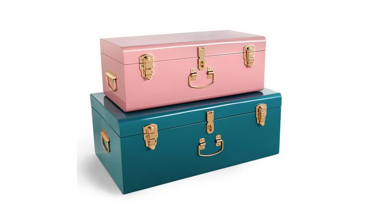 Beautify Set of 2 Stainless Steel Storage Trunks - Pink & Teal