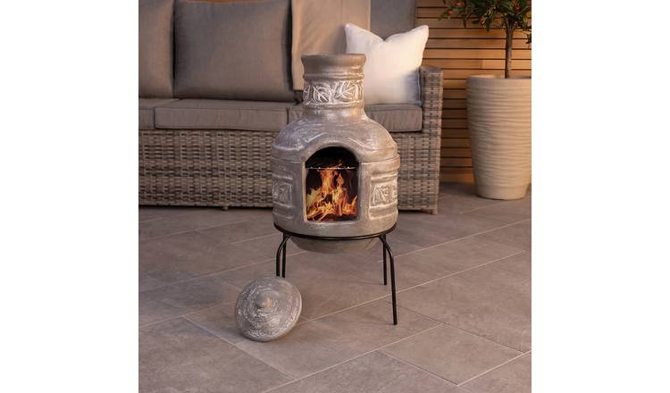 Charles Bentley Snug Granada Chiminea  BBQ Grill Leaf Design Rain Lid - Grey