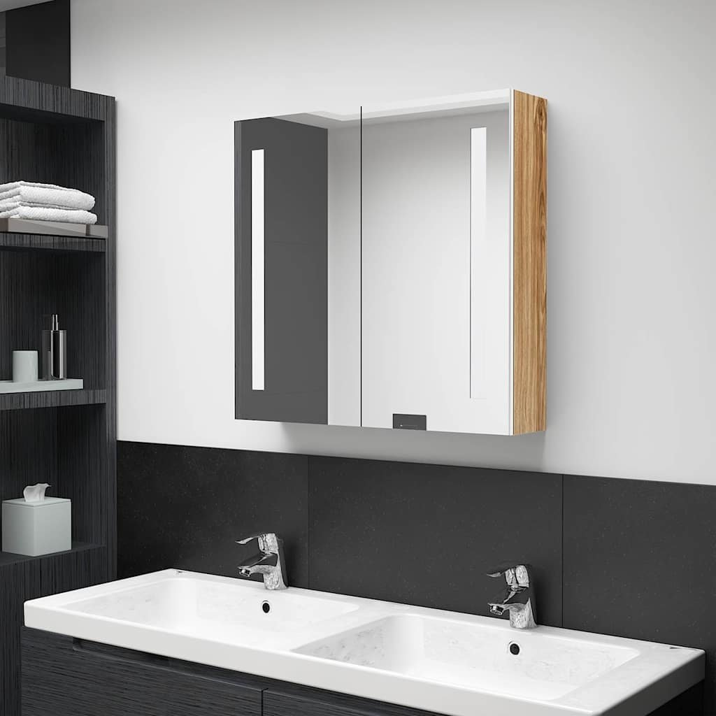 Walplus LED MDF Bathroom Mirror Cabinet - White and Oak - 62 x 14 x 60 cm - Image 1