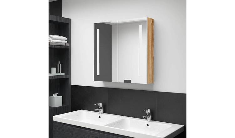 Walplus LED MDF Bathroom Mirror Cabinet - White and Oak - 62 x 14 x 60 cm