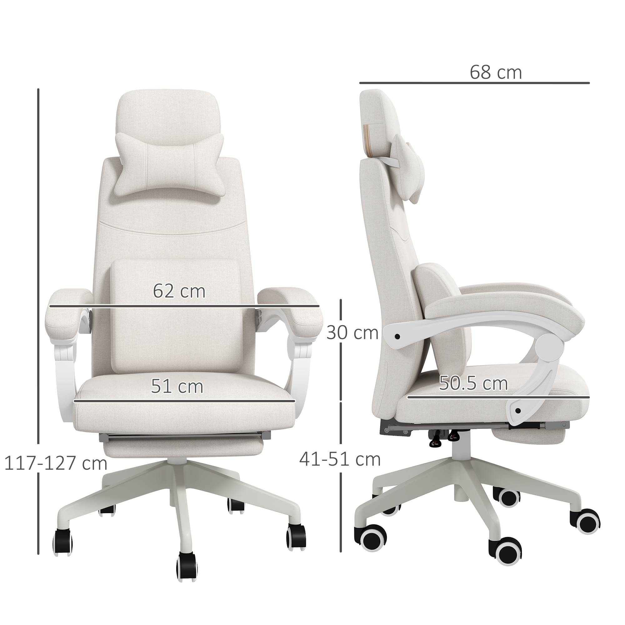 Vinsetto Fabric Office Chair with Reclining Backrest and Footrest - White - Image 7