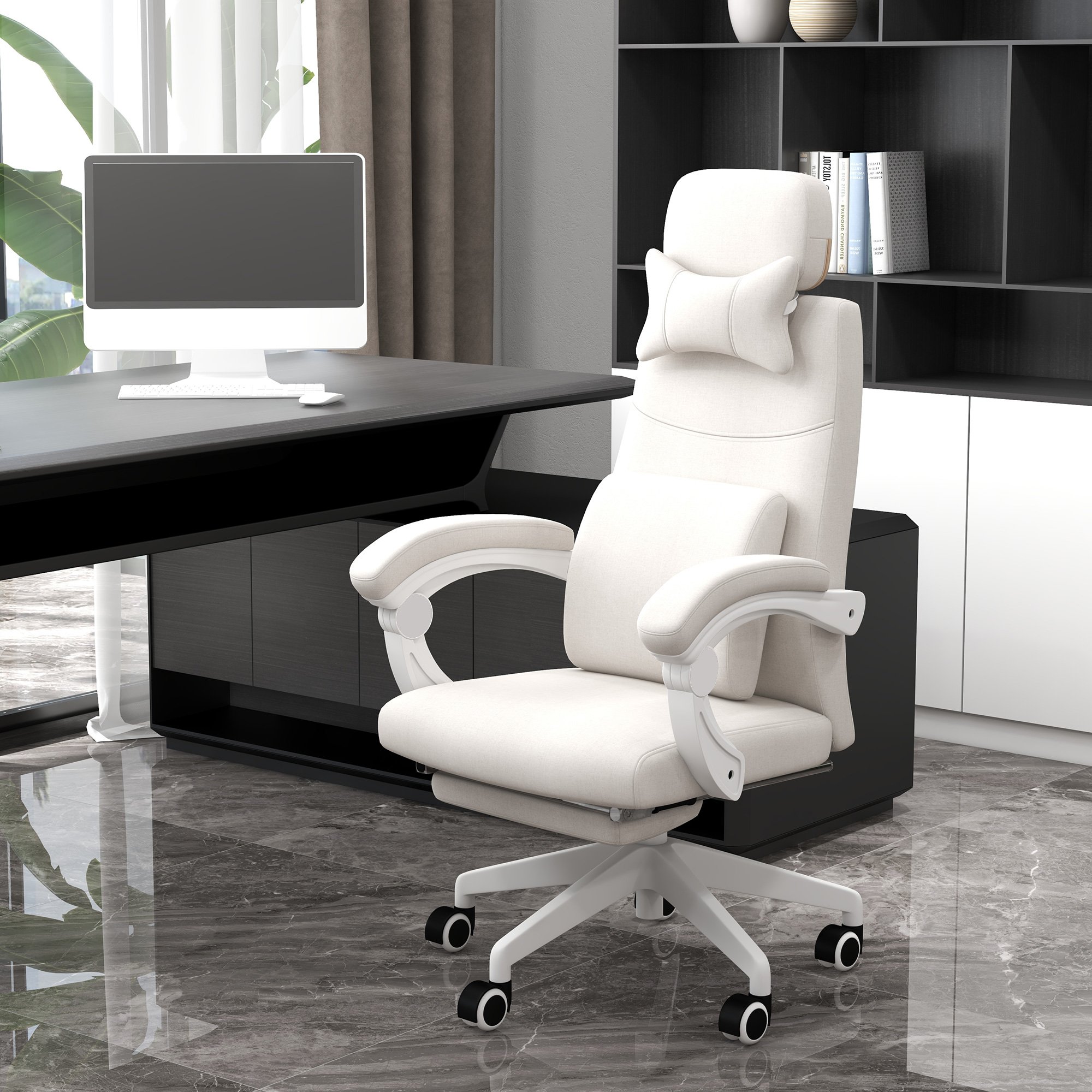 Vinsetto Fabric Office Chair with Reclining Backrest and Footrest - White - Image 3