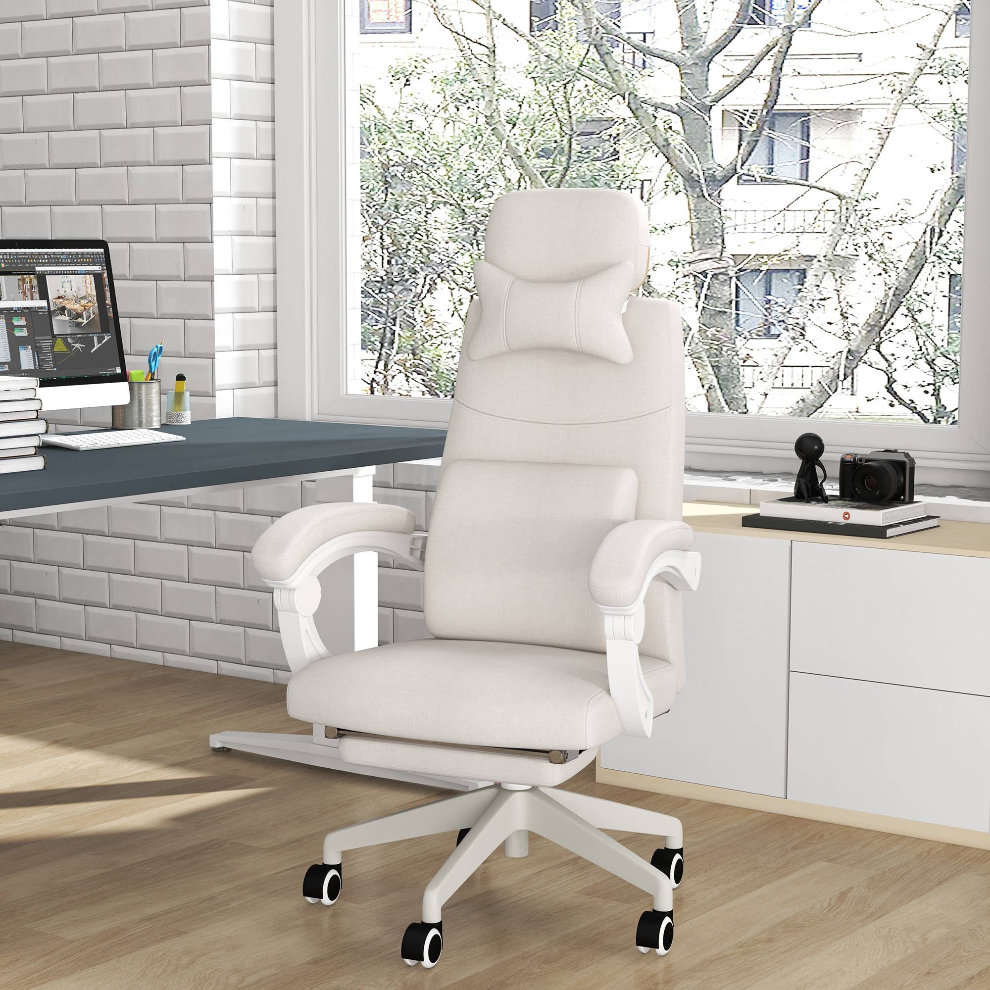 Vinsetto Fabric Office Chair with Reclining Backrest and Footrest - White - Image 4