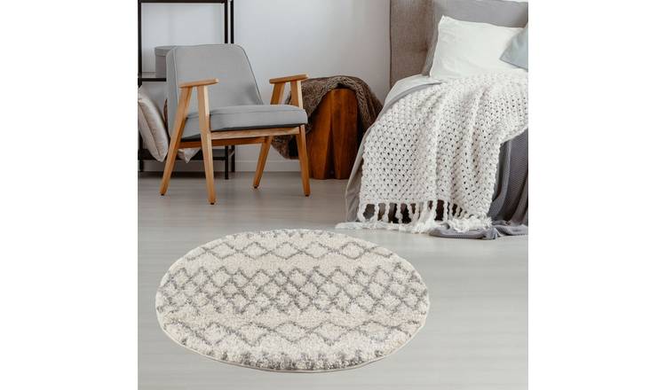 The Rugs Cream and Grey Moroccan Shaggy Tangier Round Rug - 120cm