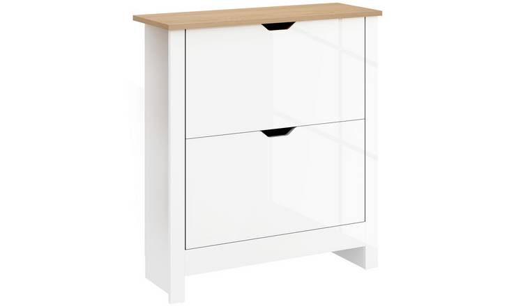HOMCOM Space Saving Shoe Storage Cabinet with 2 Flip Drawers - High Gloss White