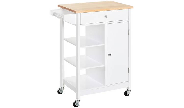 HOMCOM Mobile Kitchen Trolley with Wood Top - White