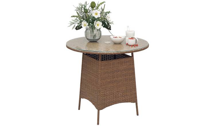 Outsunny Rattan Table with Umbrella Hole and Tempered Glass Top - Brown