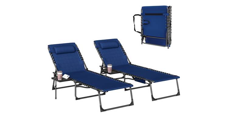 Outsunny Set of 2 Portable Reclining Garden Sun Lounger - Dark Blue