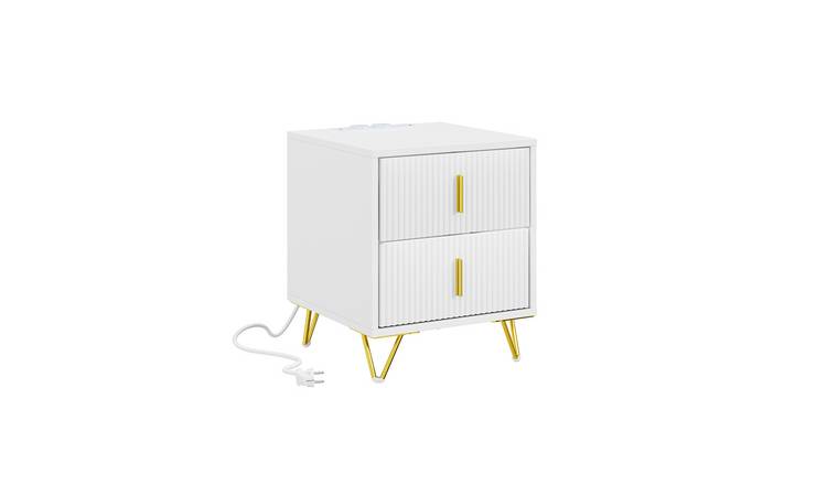 SoBuy 2 Drawer Slim Bedside Table with Gold Metal Legs - White