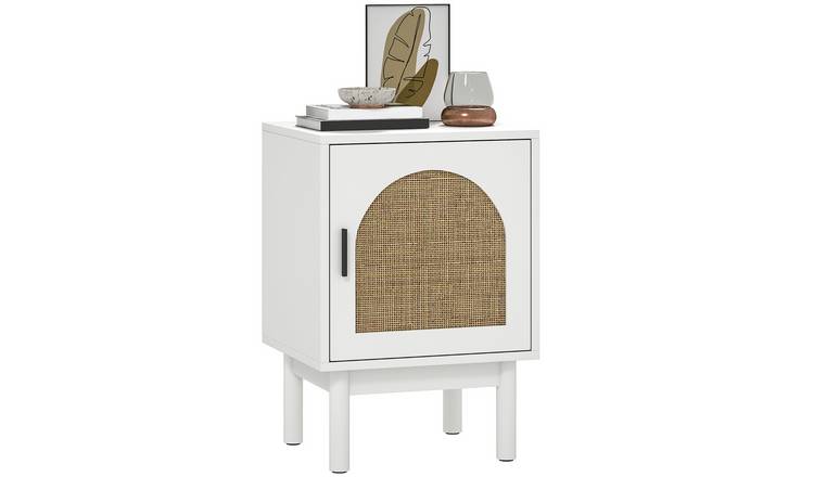 HOMCOM Rattan Bedside Table with Solid Wood Legs - White