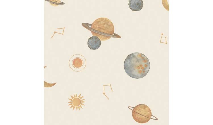 Grandeco Maury Planets Constellations Nursery Textured Wallpaper - Cream Gold